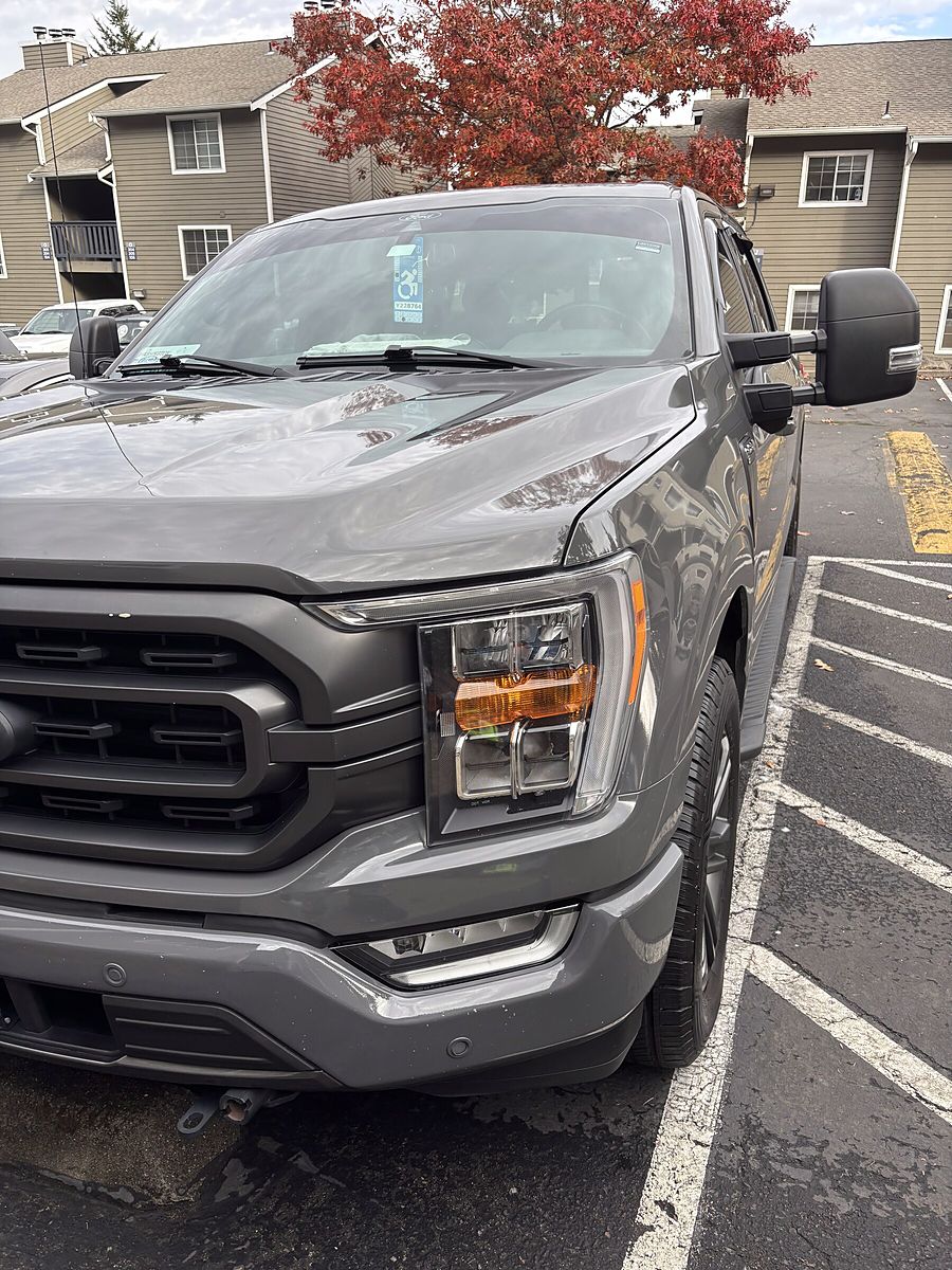 Freshly washed gray Ford F-150, front view