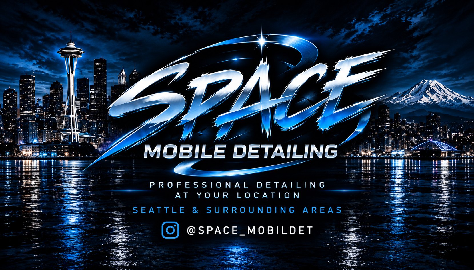 Space Mobile Detailing logo over the Seattle skyline at night, with the Space Needle and Mount Rainier